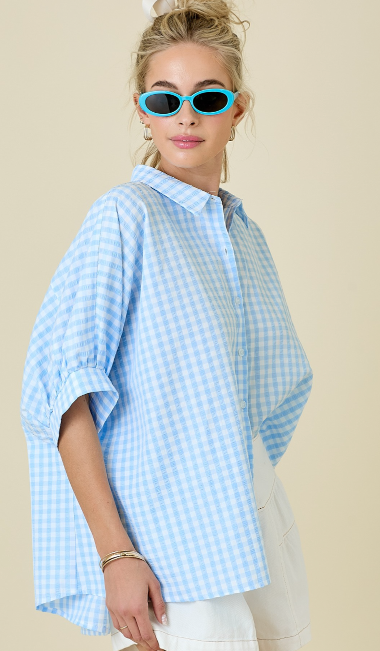 Blue Gingham Dolman Shirt