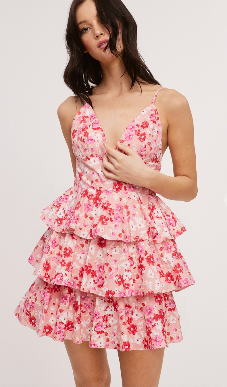 Pink Floral Tiered Mini Dress