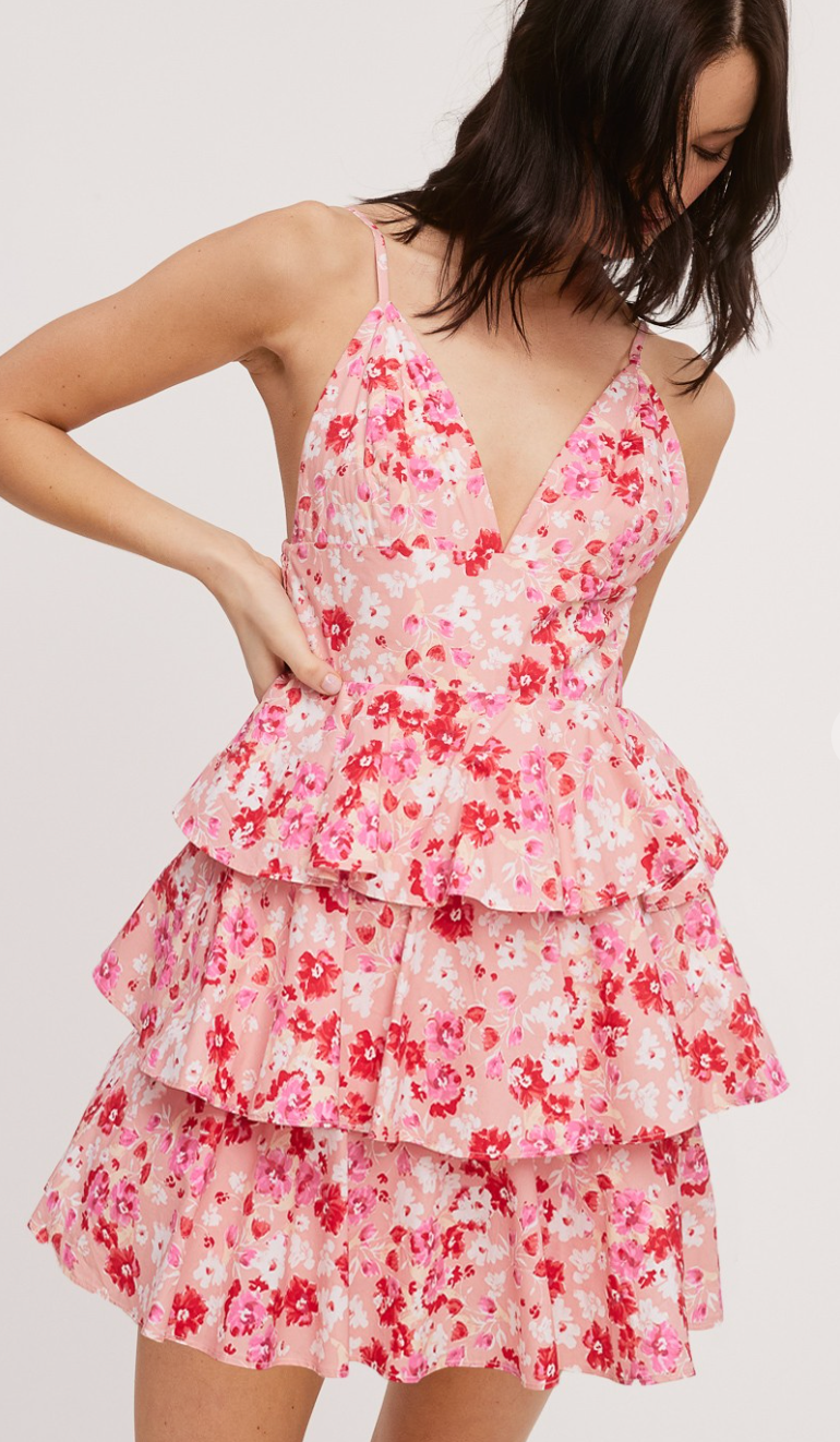 Pink Floral Tiered Mini Dress
