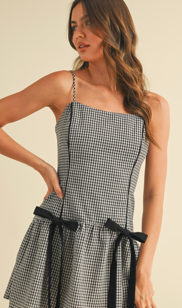 Gingham Double Bow Dress Black
