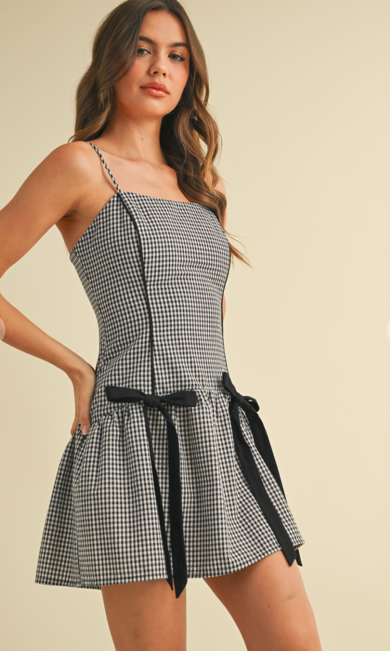 Gingham Double Bow Dress Black