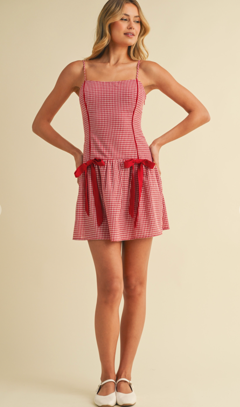 Gingham Double Bow Dress Red