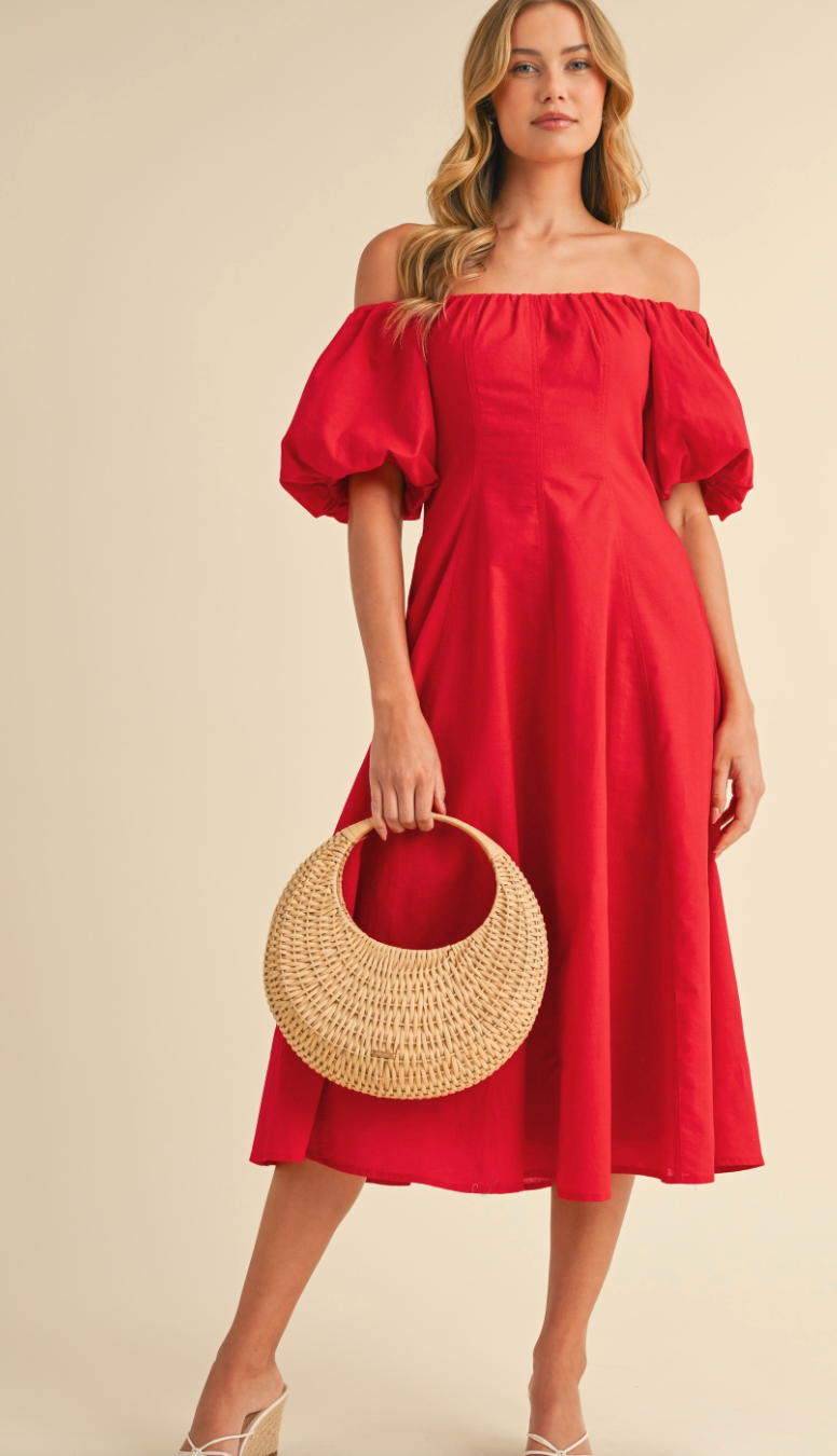 Puff Sleeve Off Shoulder Dress Red