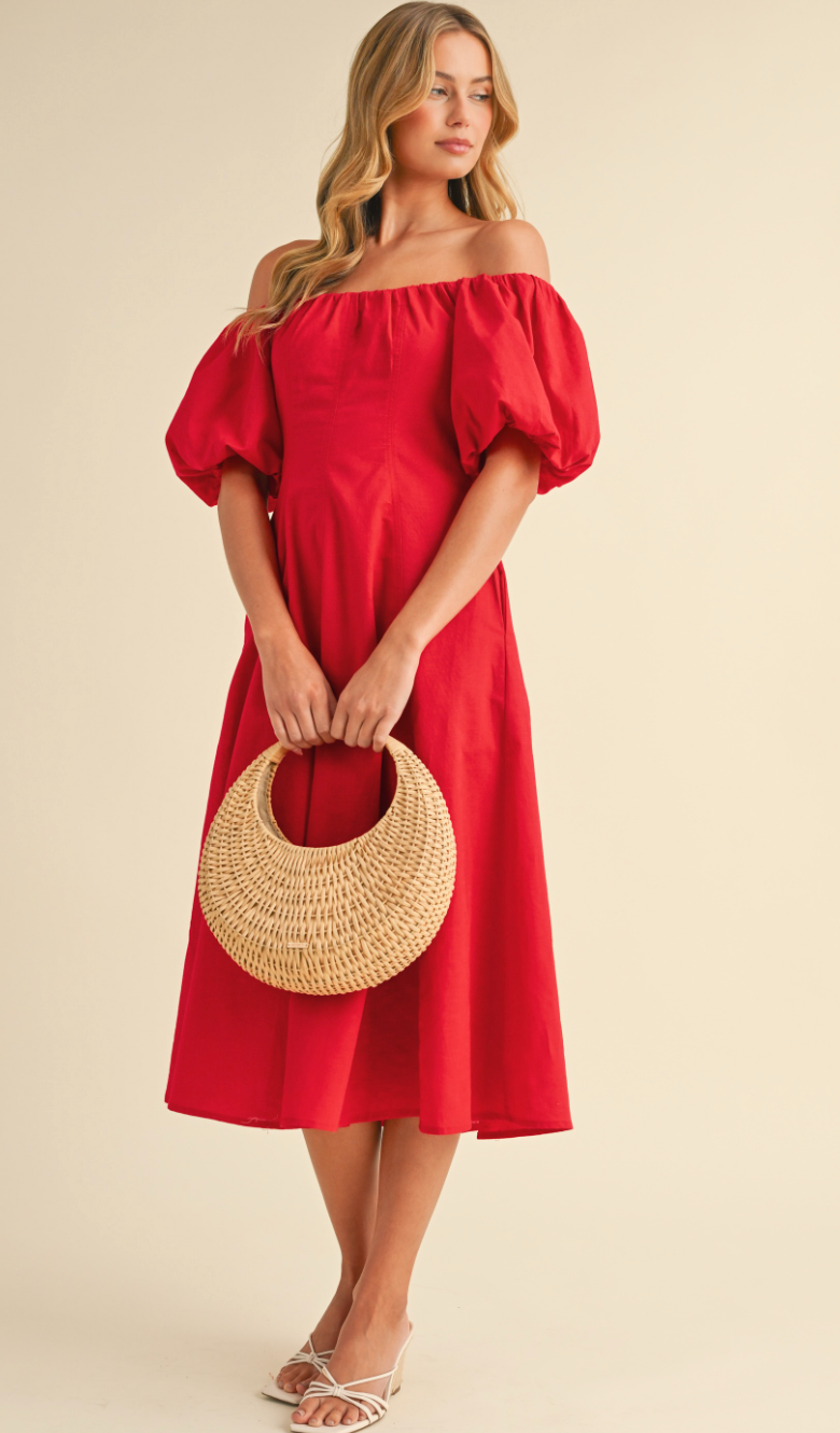 Puff Sleeve Off Shoulder Dress Red