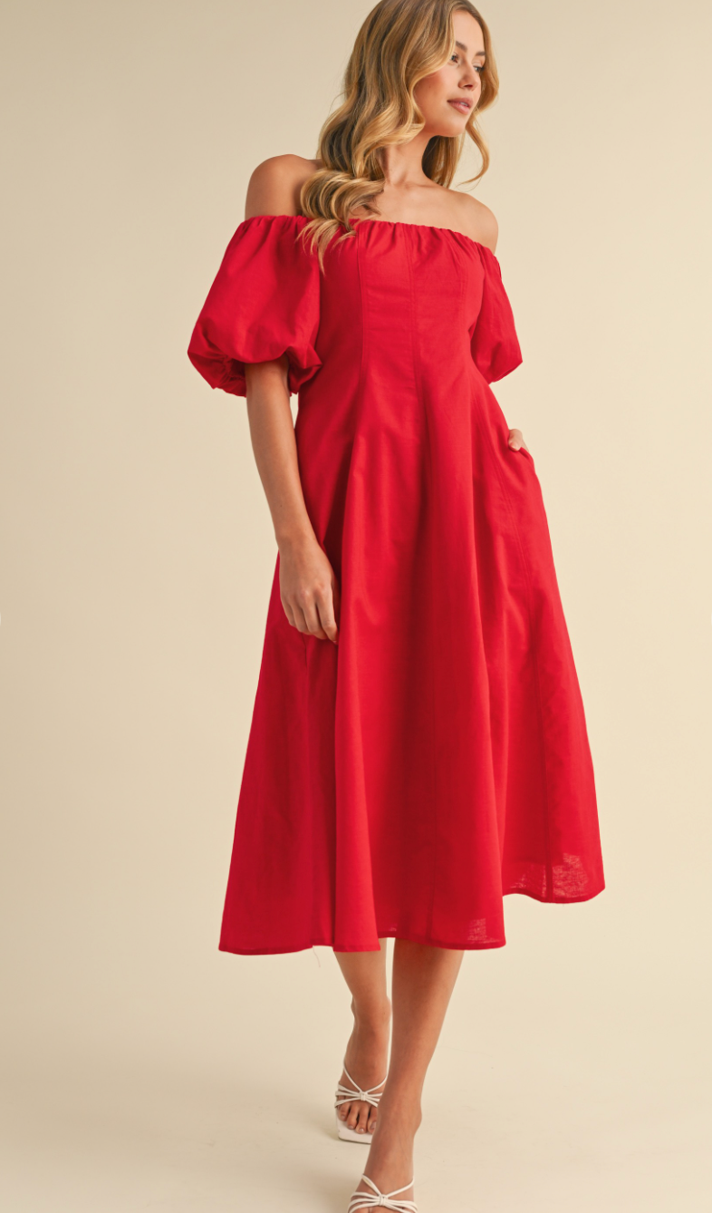 Puff Sleeve Off Shoulder Dress Red