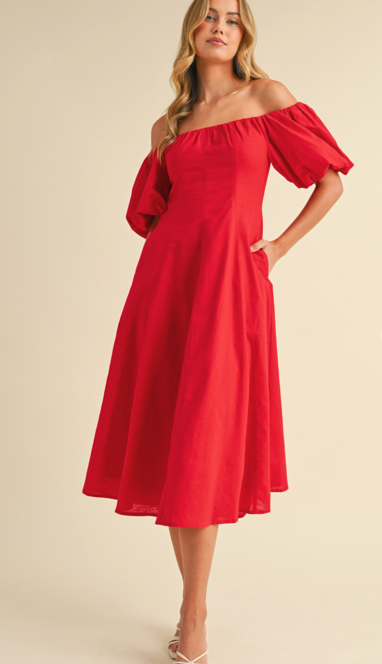 Puff Sleeve Off Shoulder Dress Red
