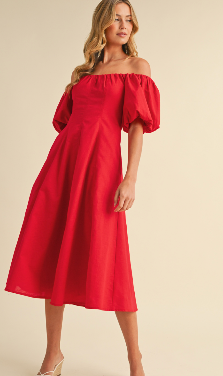 Puff Sleeve Off Shoulder Dress Red