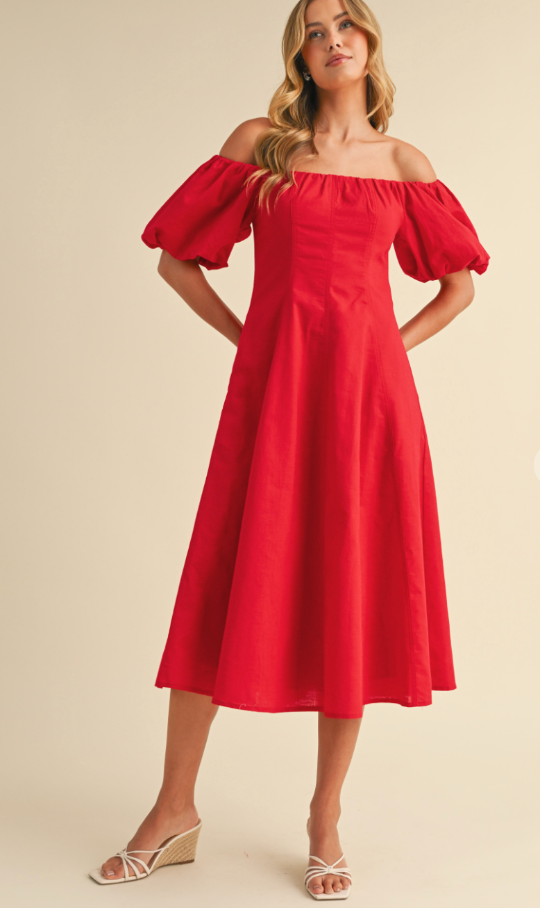 Puff Sleeve Off Shoulder Dress Red