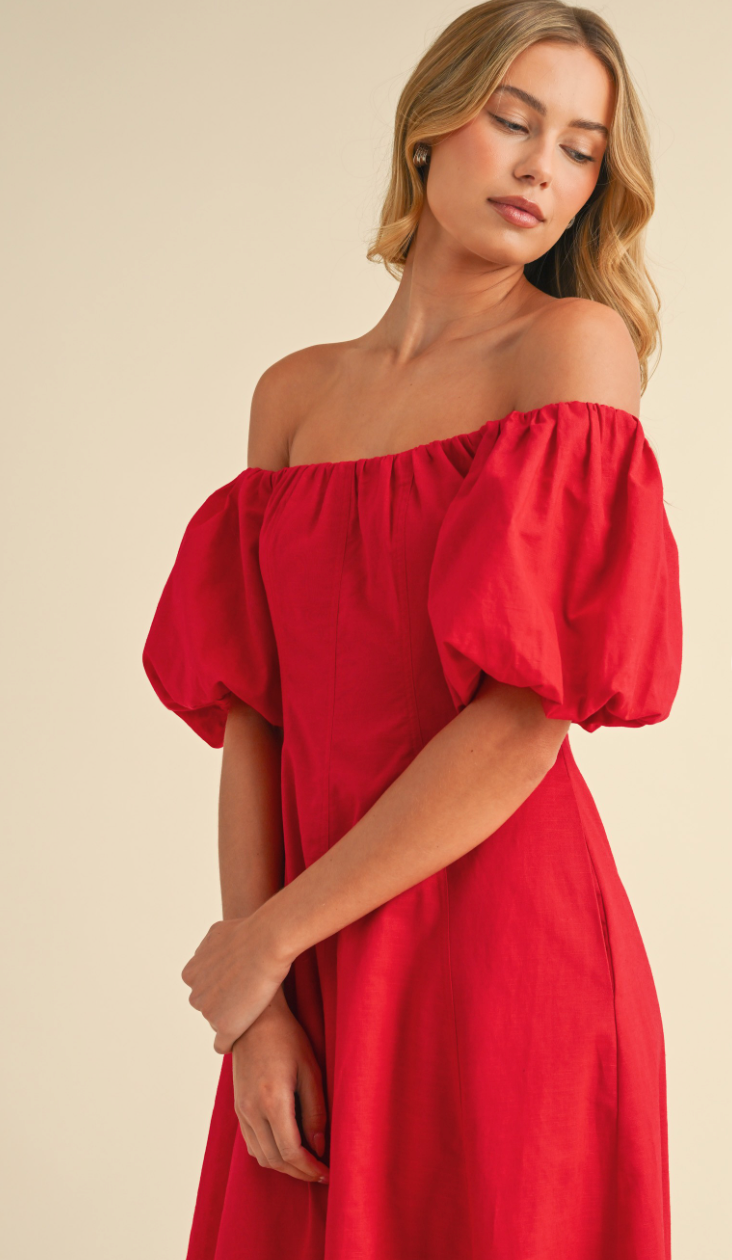 Puff Sleeve Off Shoulder Dress Red