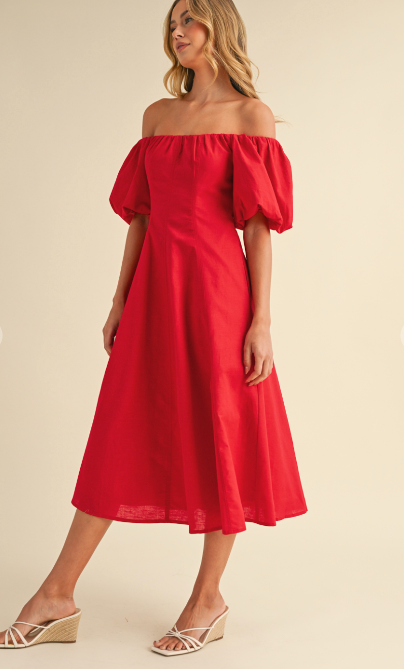 Puff Sleeve Off Shoulder Dress Red