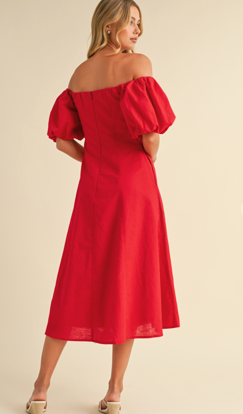 Puff Sleeve Off Shoulder Dress Red