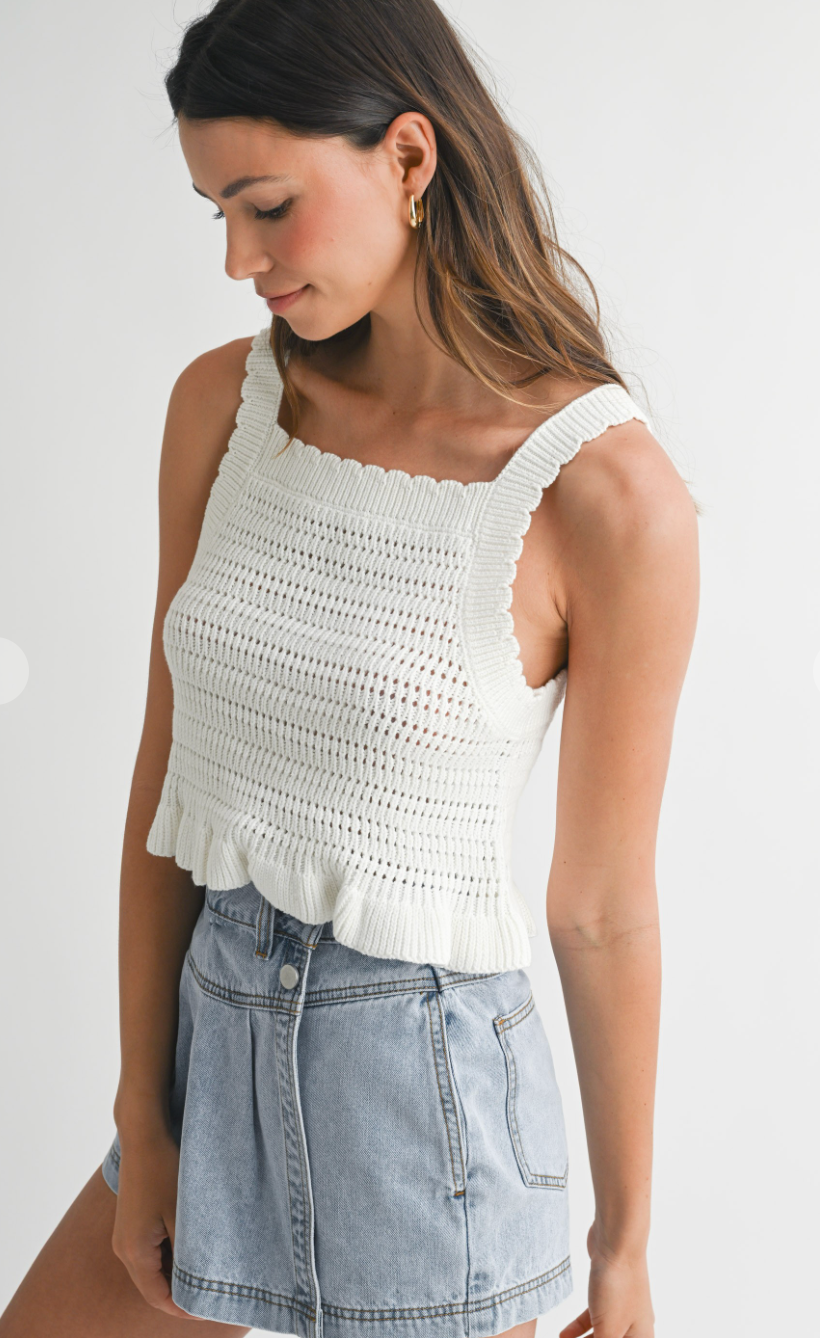 Reversible Crochet Ruffle Top White