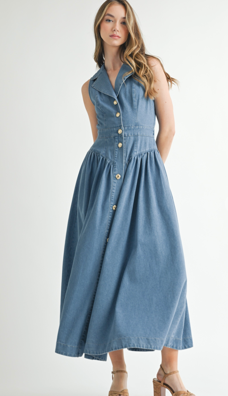 Collared Denim Midi Dress