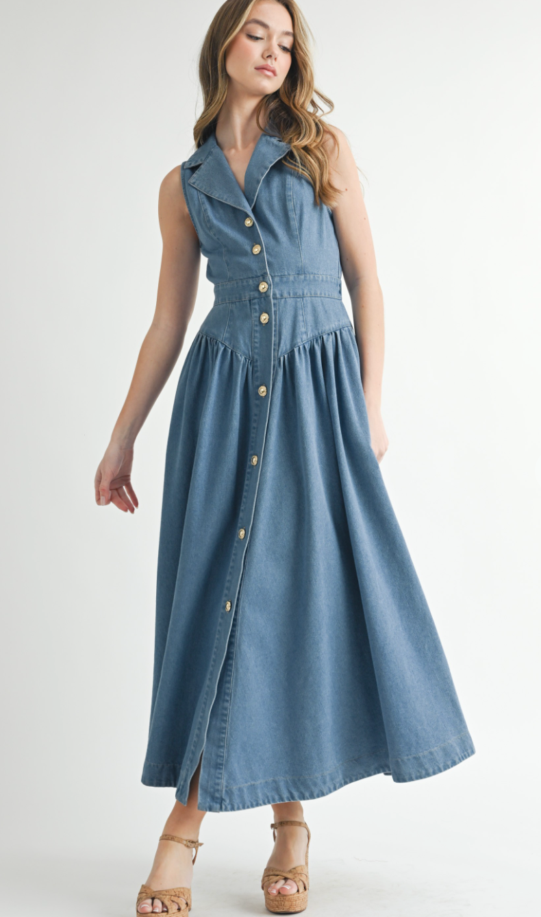 Collared Denim Midi Dress