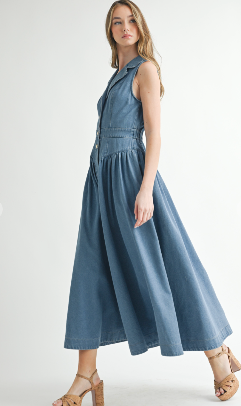 Collared Denim Midi Dress
