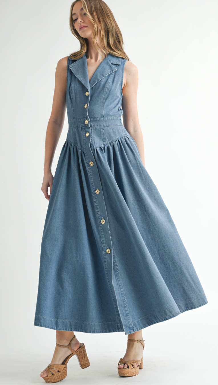 Collared Denim Midi Dress