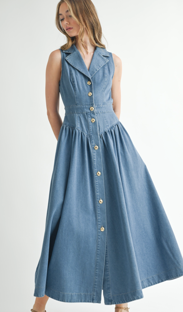 Collared Denim Midi Dress