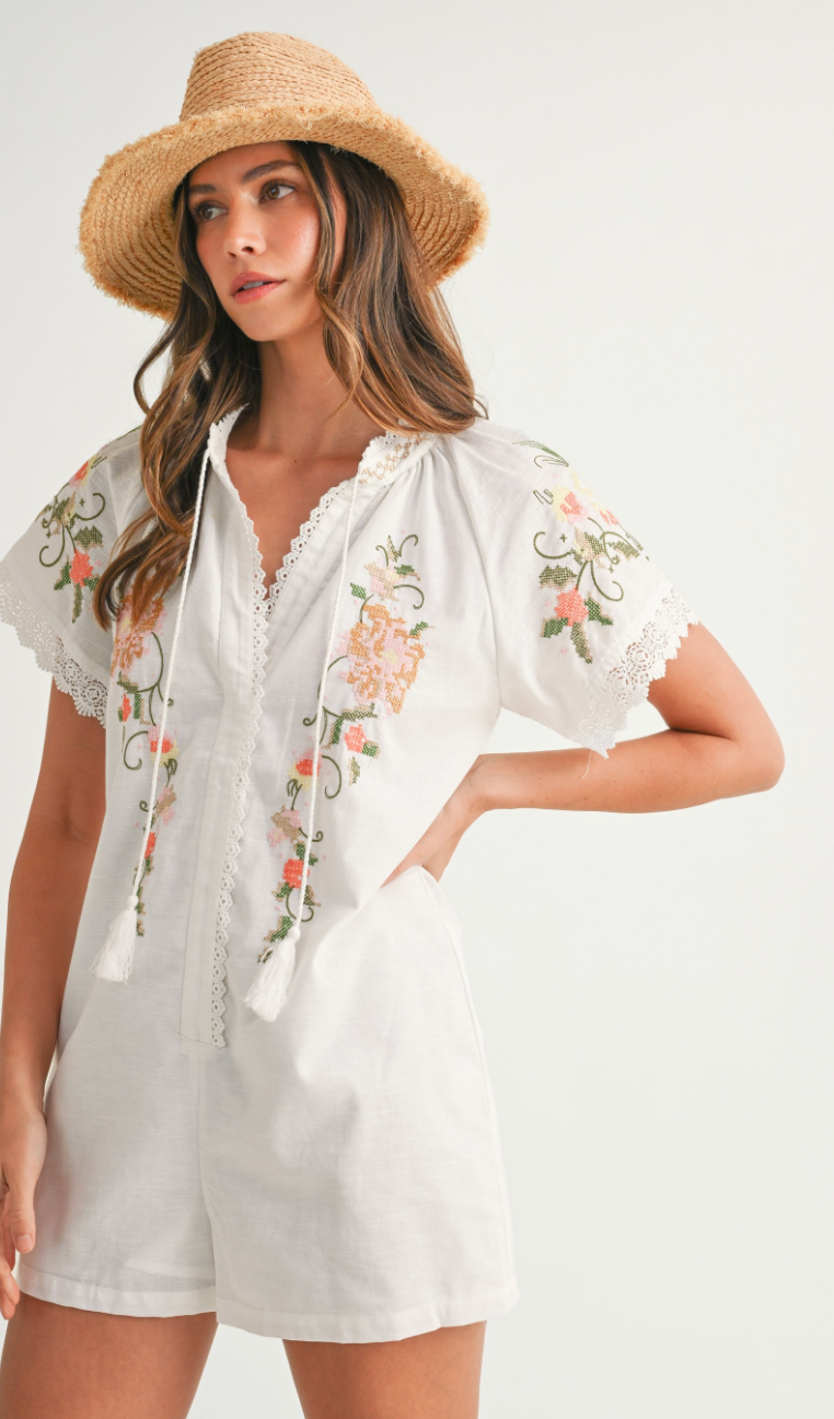 Embroidered Short Sleeve Romper