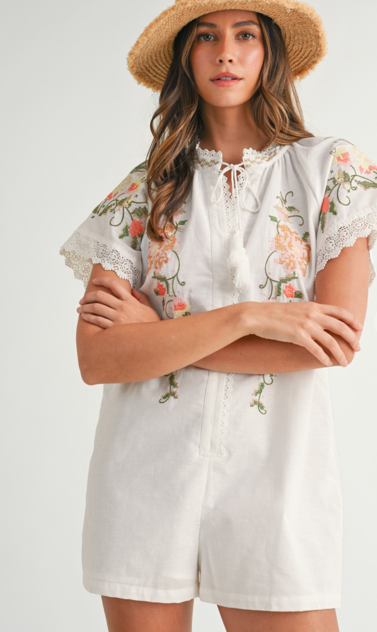 Embroidered Short Sleeve Romper