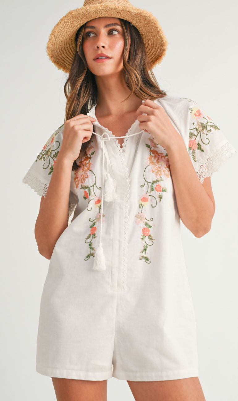 Embroidered Short Sleeve Romper