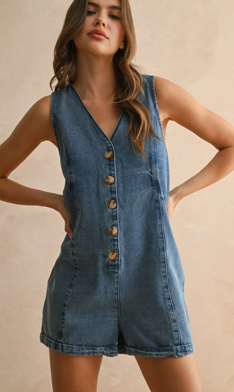 Button Front Denim Romper