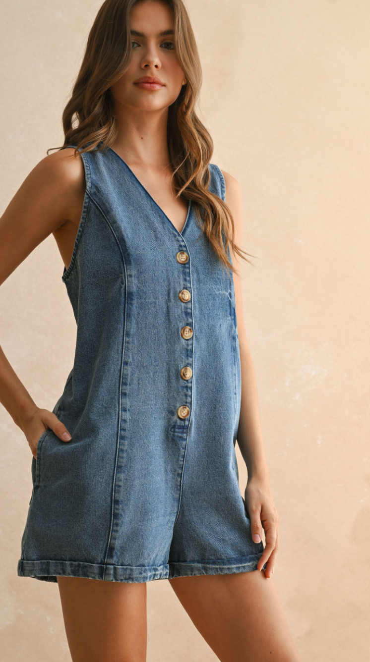 Button Front Denim Romper