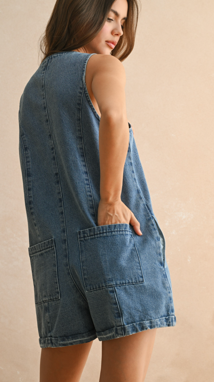 Button Front Denim Romper