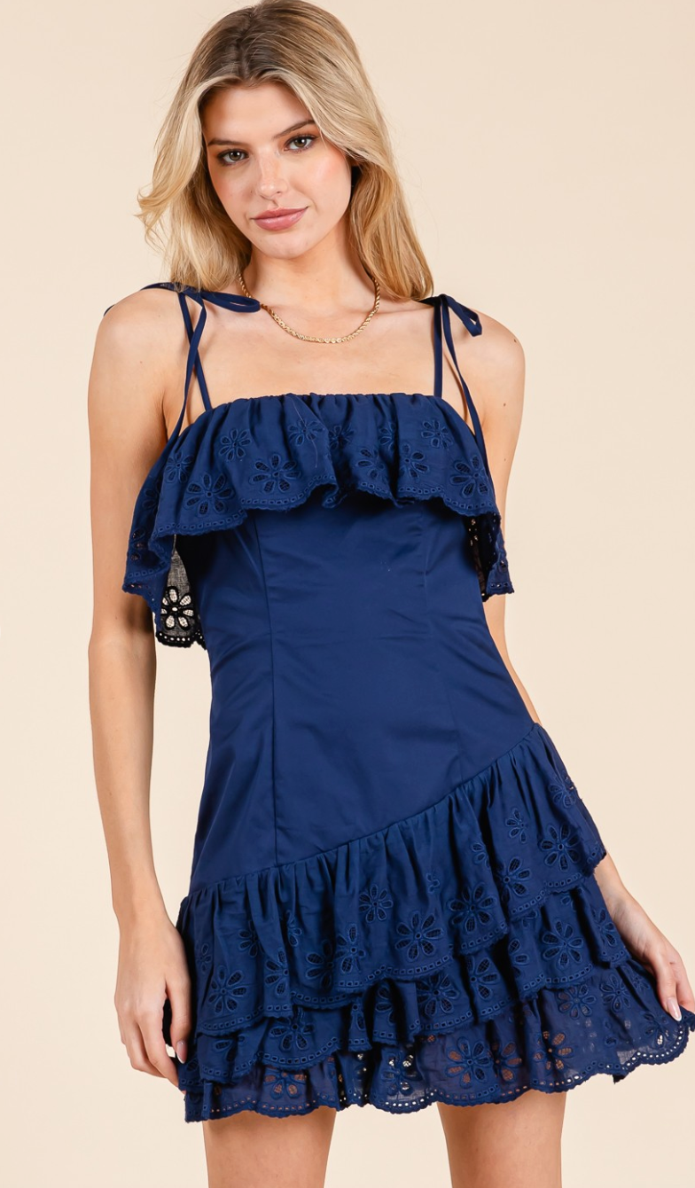 Navy Eyelet Ruffle Hem Dress