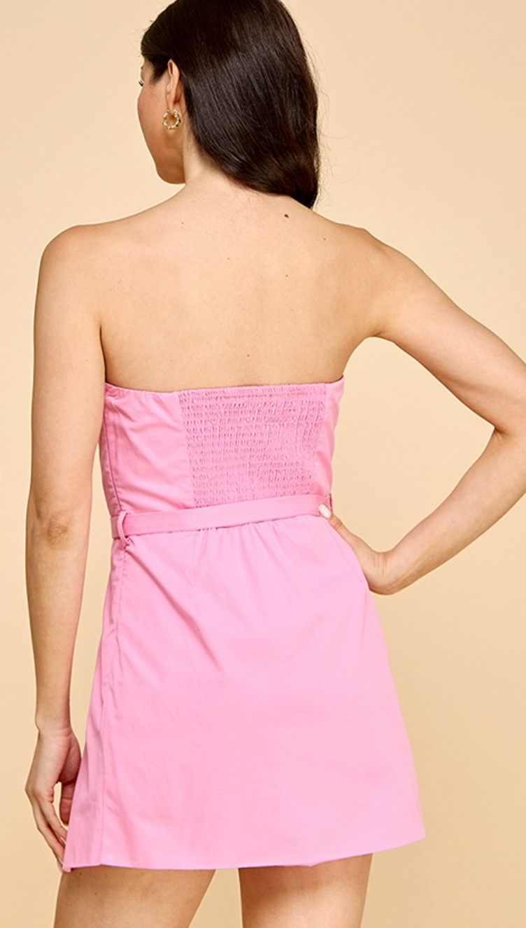 Pink Strapless Belted Dress