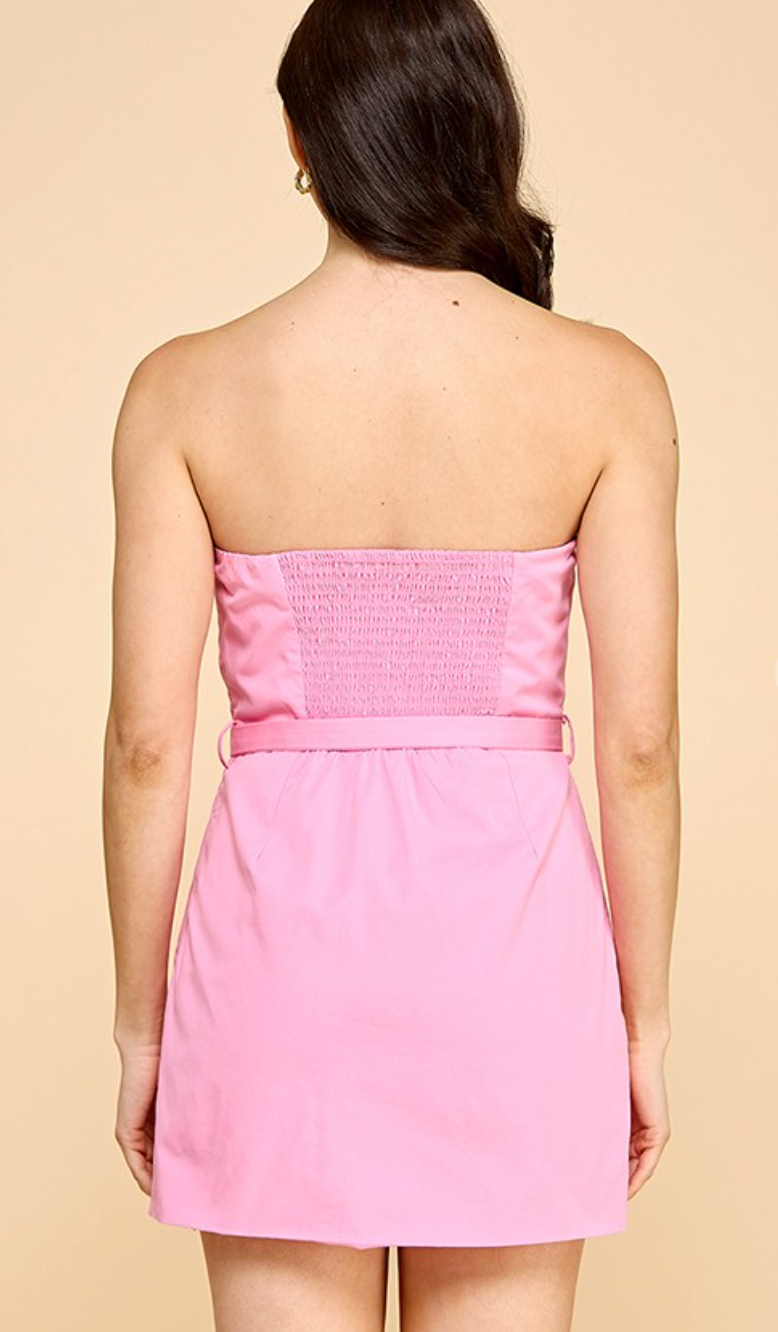 Pink Strapless Belted Dress