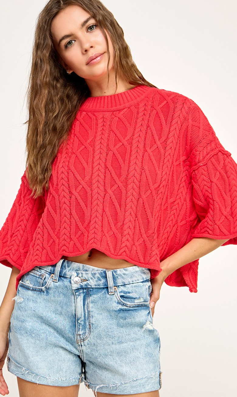Cable Stitch Cotton Sweater Red