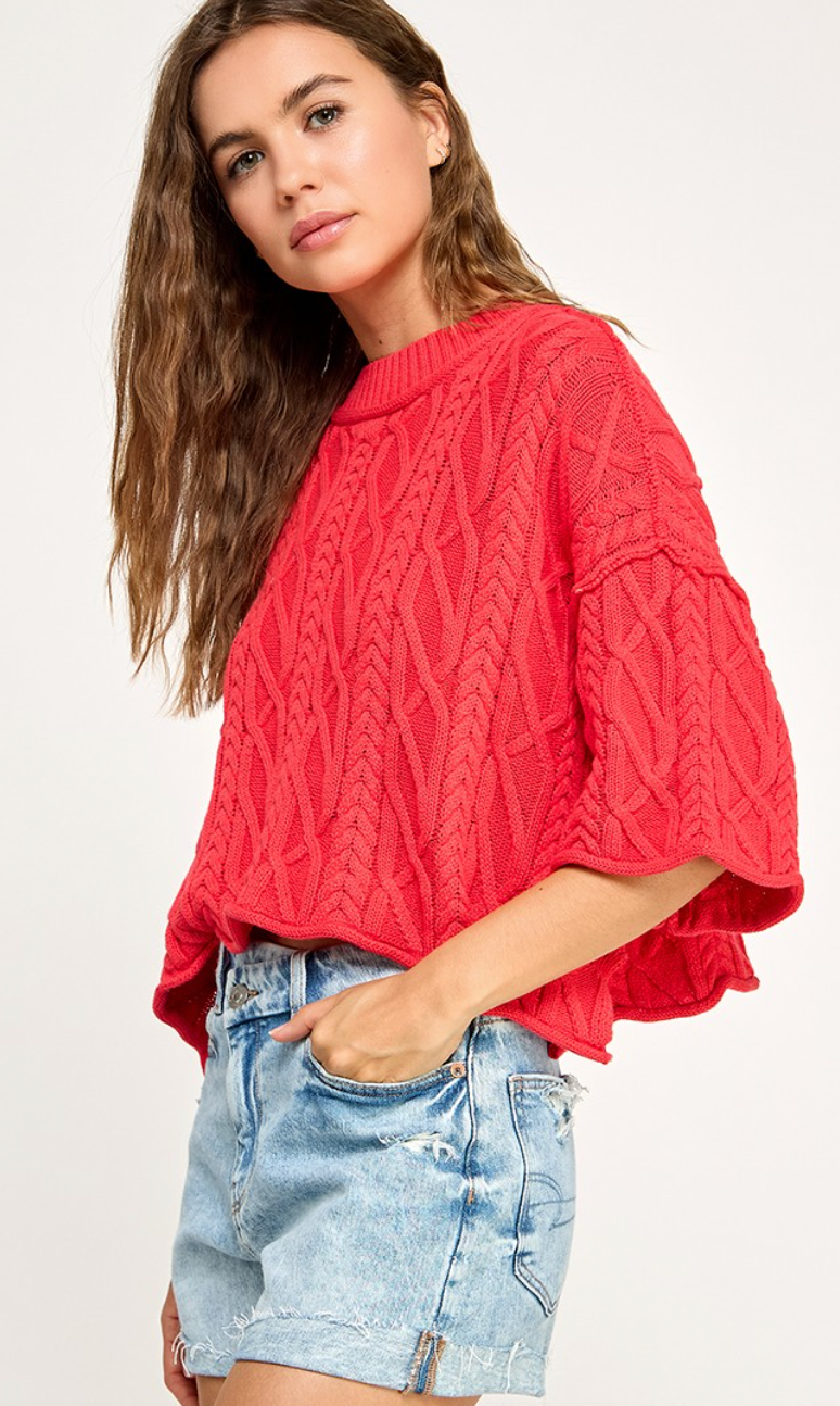 Cable Stitch Cotton Sweater Red