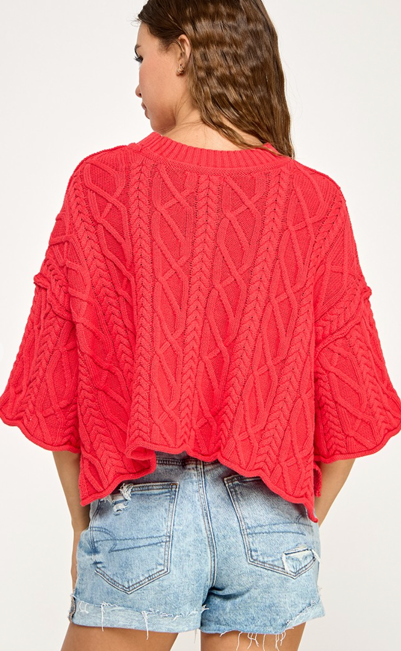 Cable Stitch Cotton Sweater Red