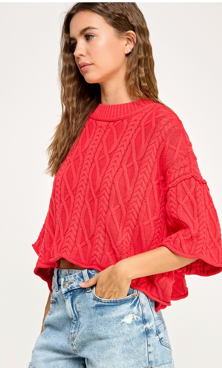 Cable Stitch Cotton Sweater Red