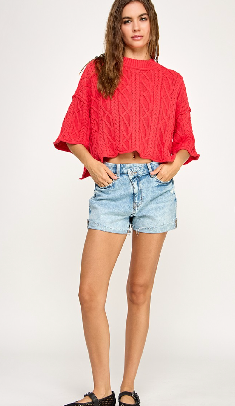 Cable Stitch Cotton Sweater Red