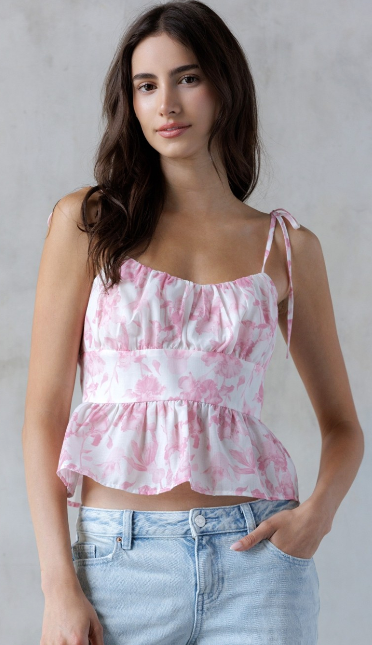Pink Floral Shoulder Tie Top