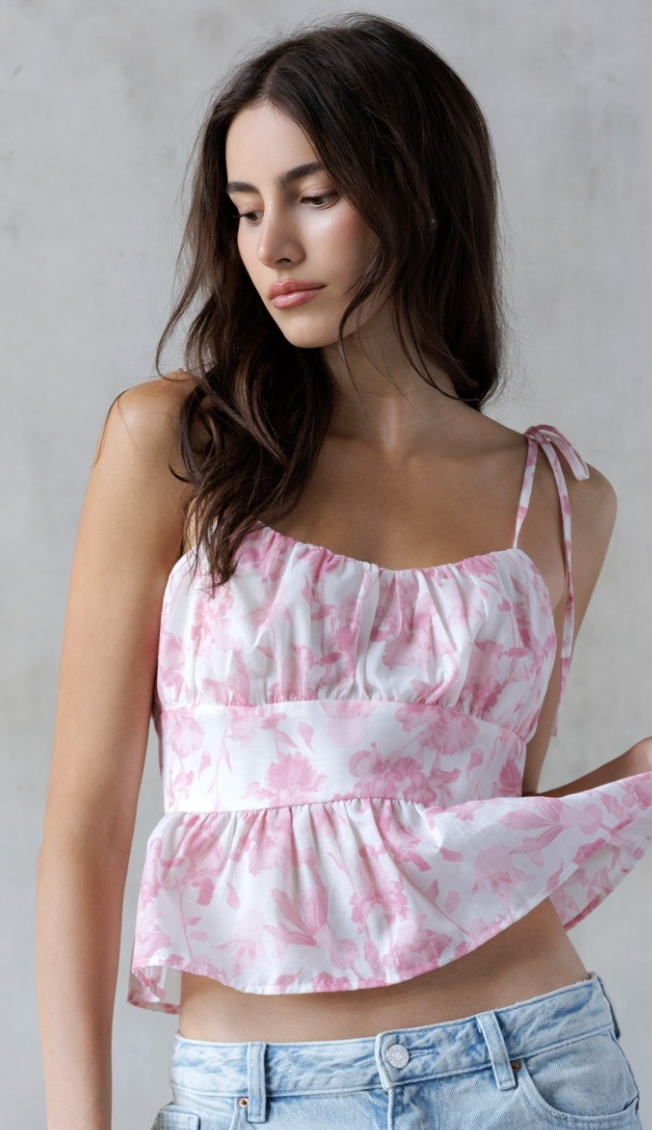 Pink Floral Shoulder Tie Top