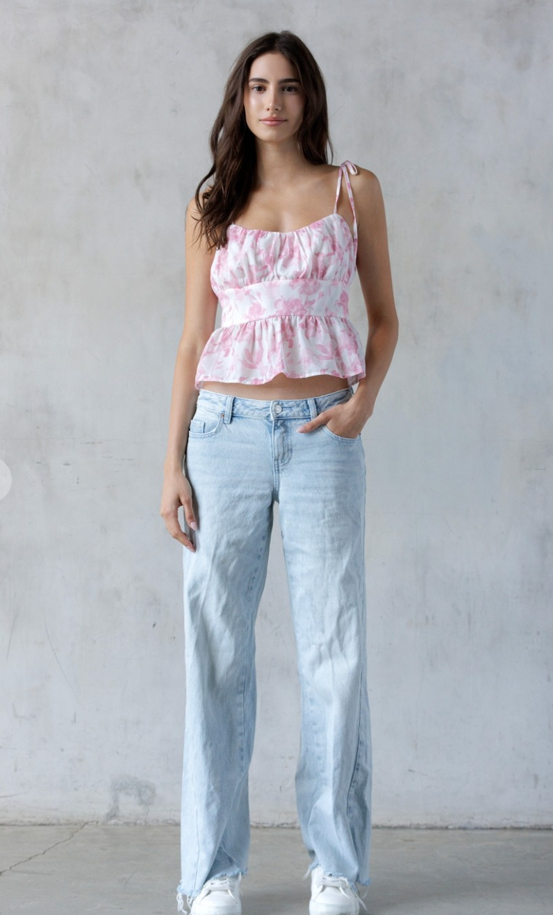 Pink Floral Shoulder Tie Top