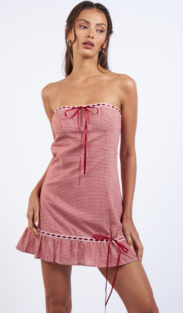 Lilliana Checker Strapless Dress Red