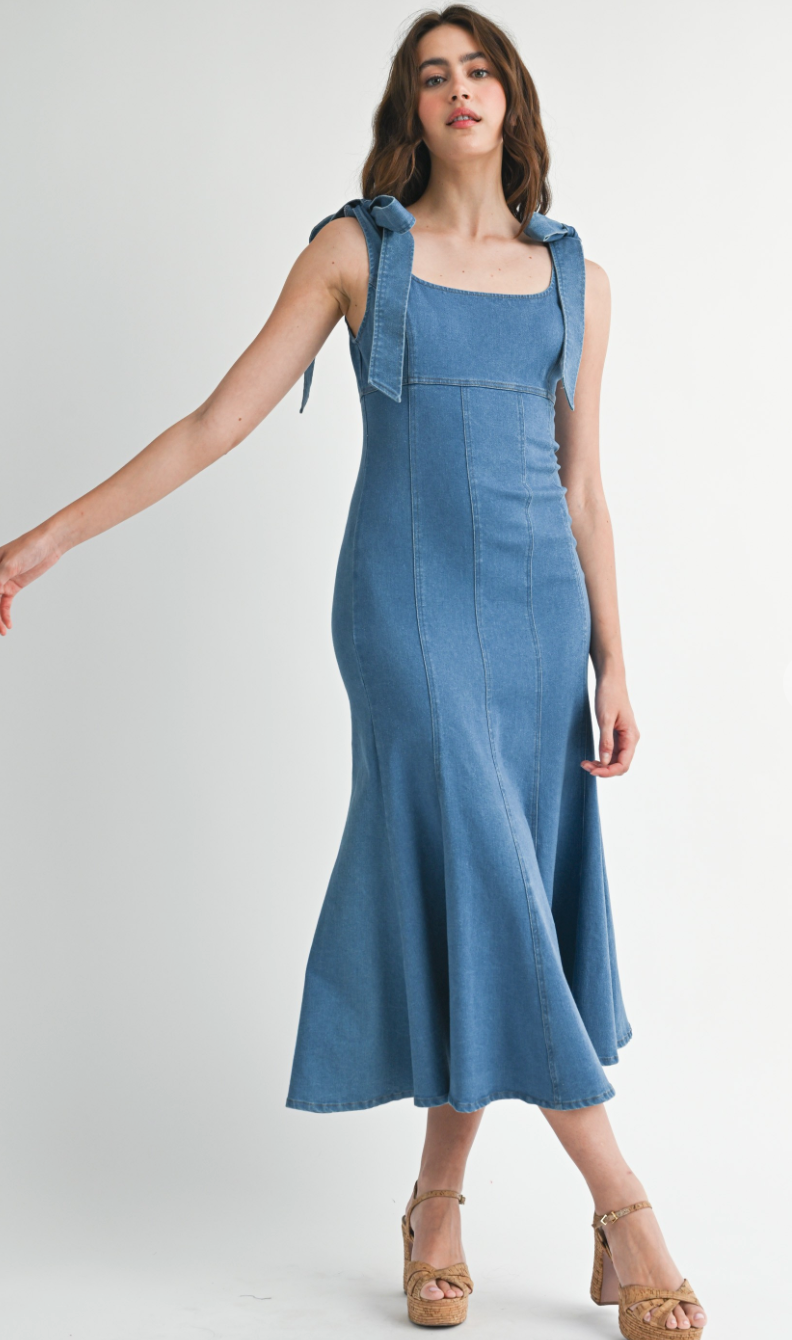 Tie Shoulder Denim Midi Dress