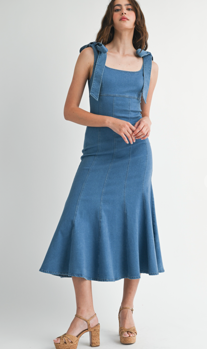 Tie Shoulder Denim Midi Dress