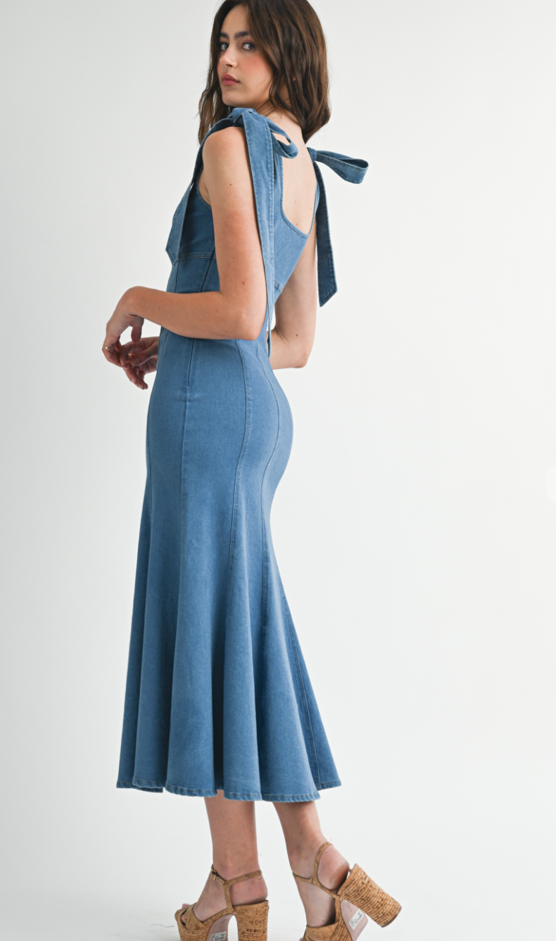 Tie Shoulder Denim Midi Dress