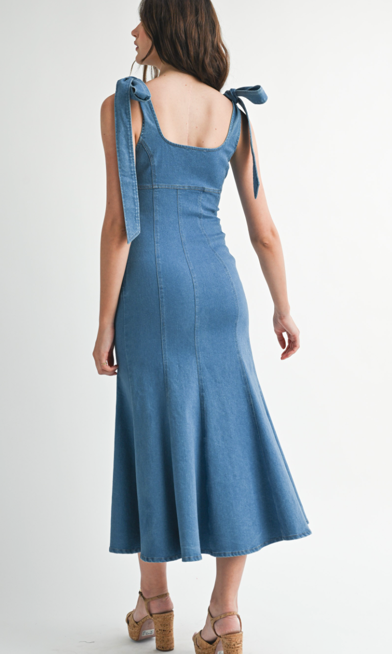 Tie Shoulder Denim Midi Dress