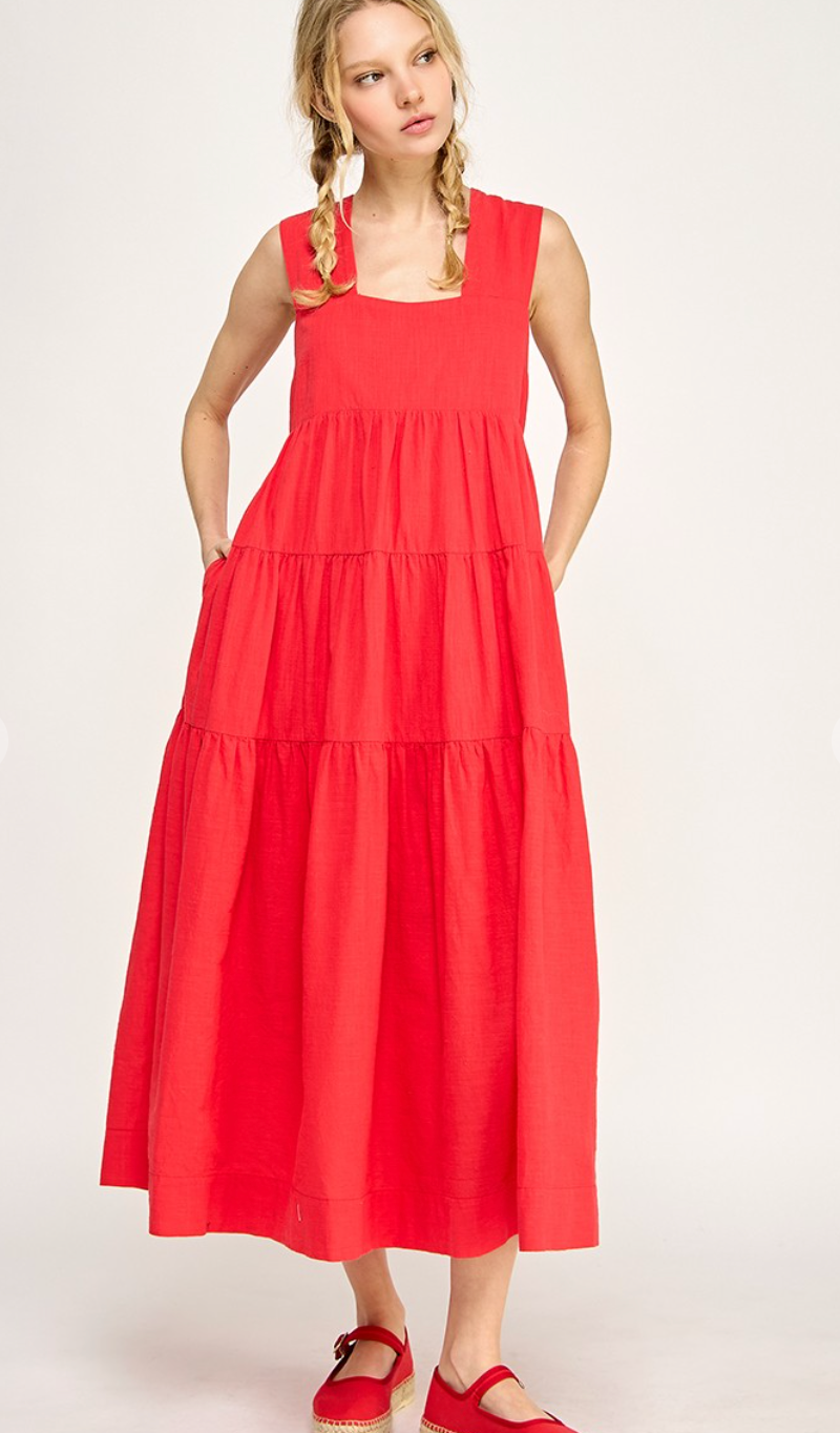 Tiered Smocking Midi Dress Red
