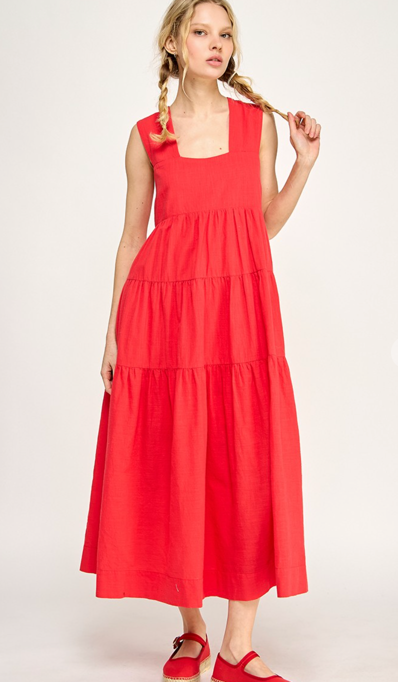 Tiered Smocking Midi Dress Red