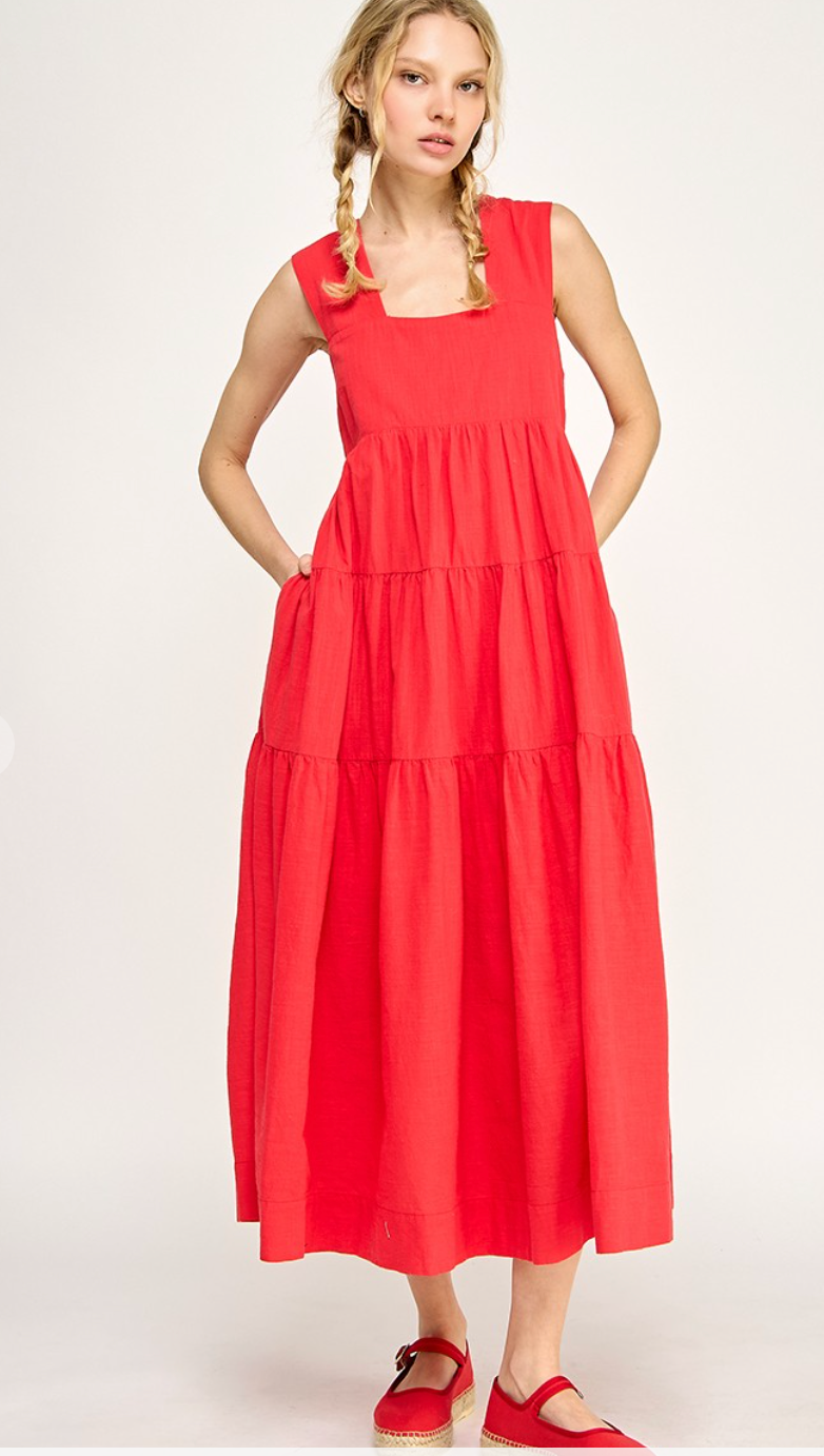 Tiered Smocking Midi Dress Red