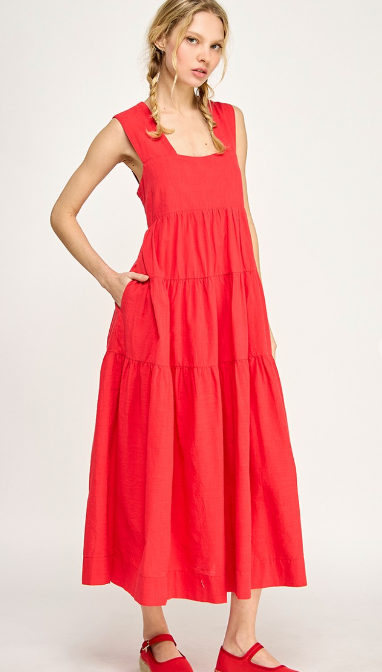 Tiered Smocking Midi Dress Red