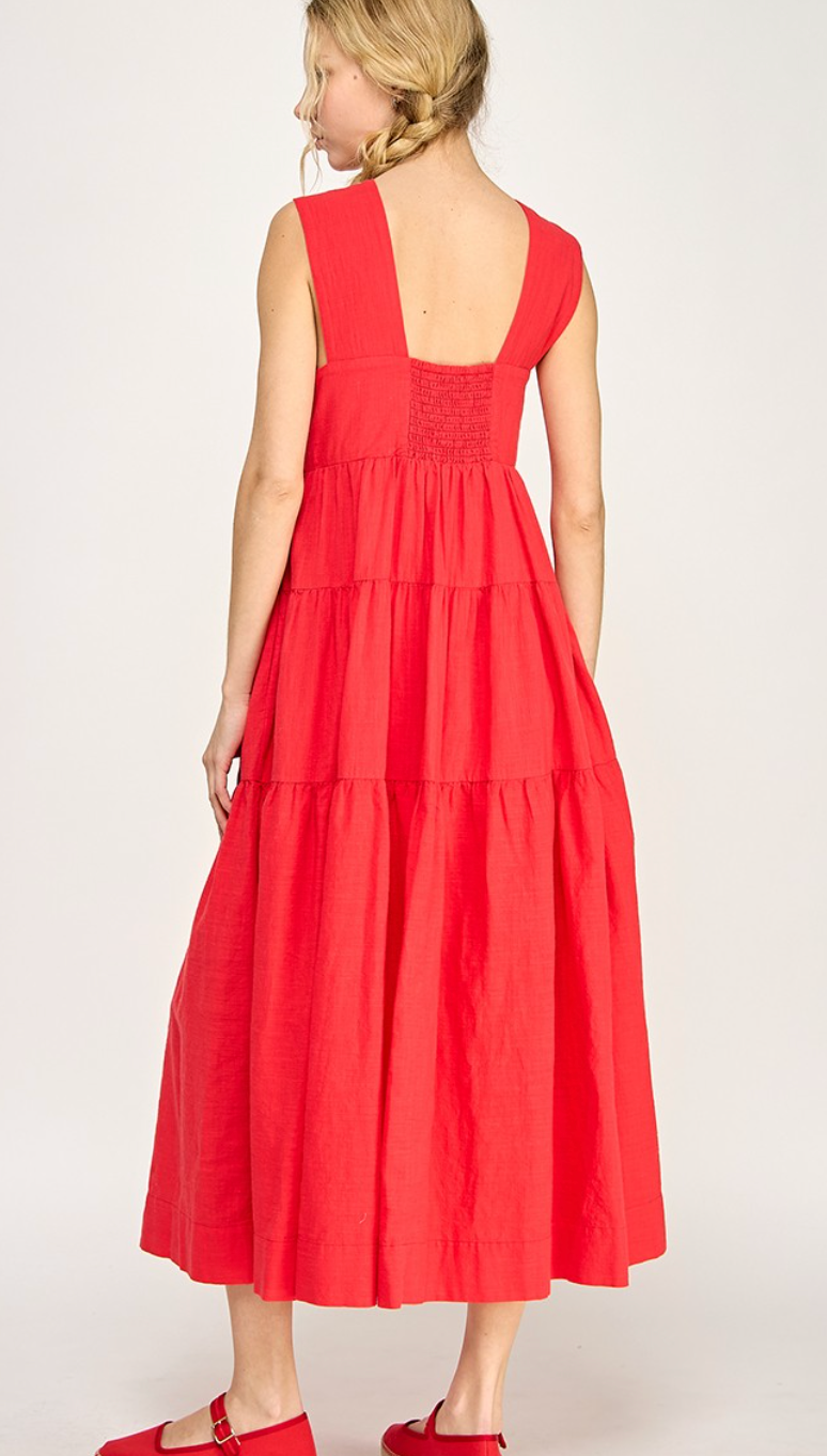 Tiered Smocking Midi Dress Red