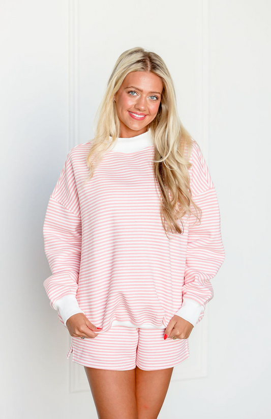 Pink/White Stripe Mock Neck Pullover