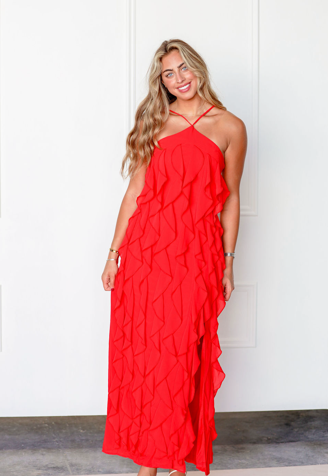Red Halter Ruffle Maxi Dress